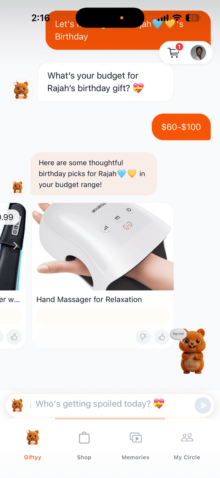 Giftyy chat: budget question, then curated birthday picks with the mascot