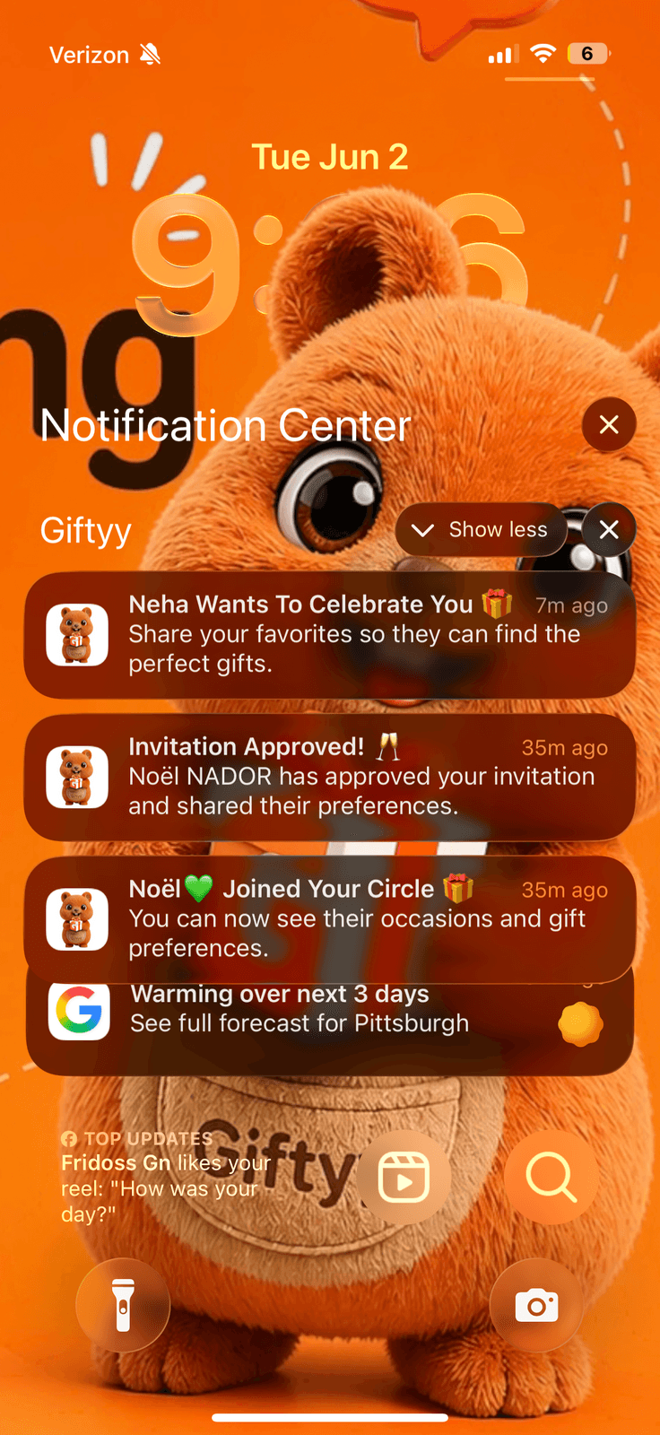 A real lock screen with Giftyy notifications about upcoming occasions
