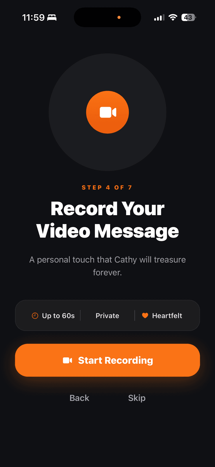 Giftyy app video message recording step