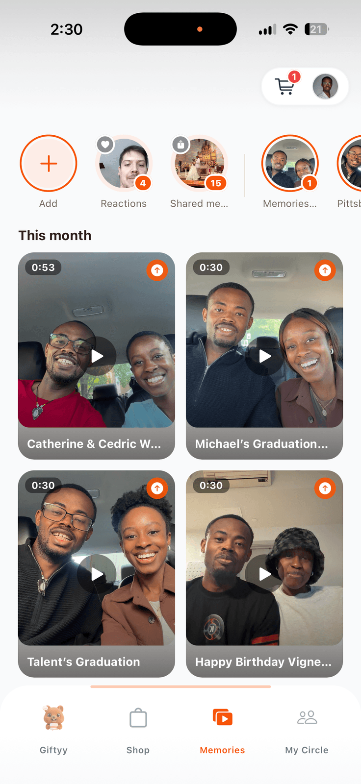 The Giftyy app memories feed: real recorded reactions from a wedding and a new baby