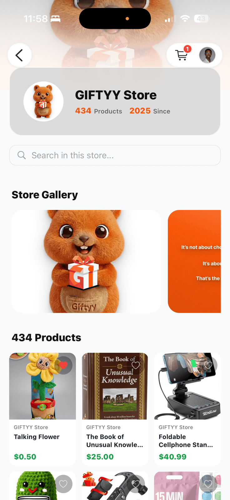 A vendor storefront inside the Giftyy app