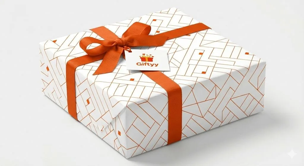 A Giftyy gift box with an orange ribbon