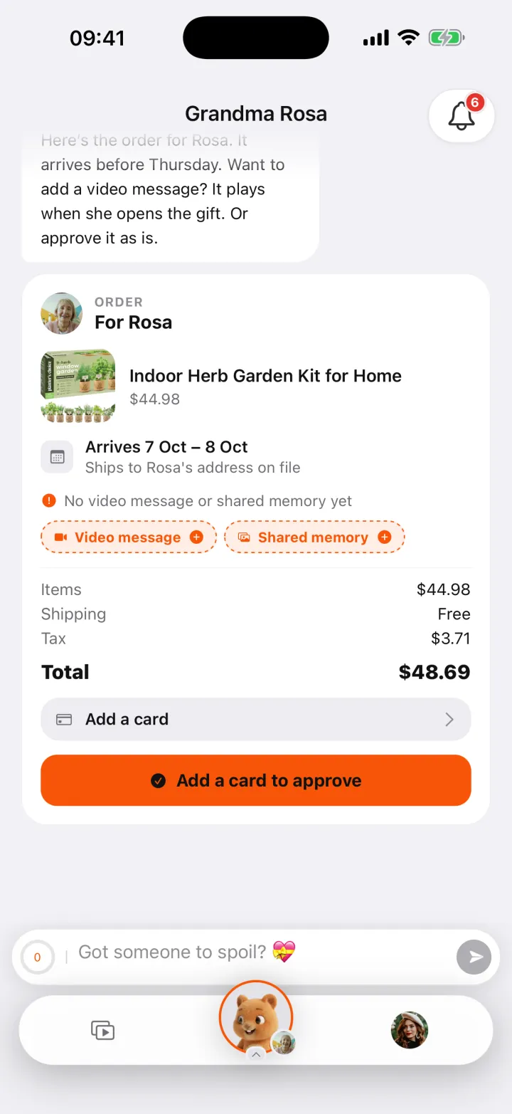 Order card for Rosa with total and an approve button